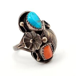 Sterling Turquoise Coral Ring – Navajo Style Sz 7.5 Squash Blossom Vintage